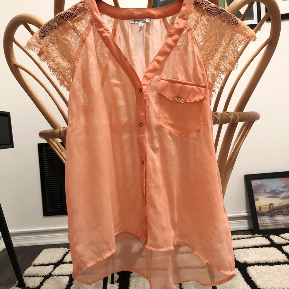 David Bitton Sheer Lace Sleeveless Button Blouse
